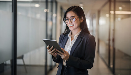Fototapeta na wymiar Confident young Asian businesswoman in a smart suit and glasses, smiling while using a digital tablet in a modern office corridor, bathed in warm light