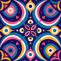 Fototapeta premium Vibrant abstract geometric pattern with colorful shapes and swirling designs