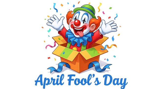 April fool's day cartoon clown emerging from box