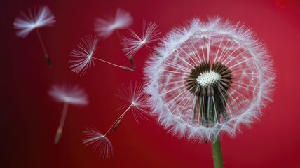 Dandelion seeds blowing away from a white flower head against a vibrant red background