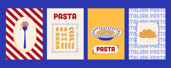 Stylish Italian cuisine poster set featuring pasta shapes chart, plated dishes, and bold “Pasta” lettering. Contemporary Mediterranean food graphics for restaurant walls and menu design. © Katrin_the_artist
