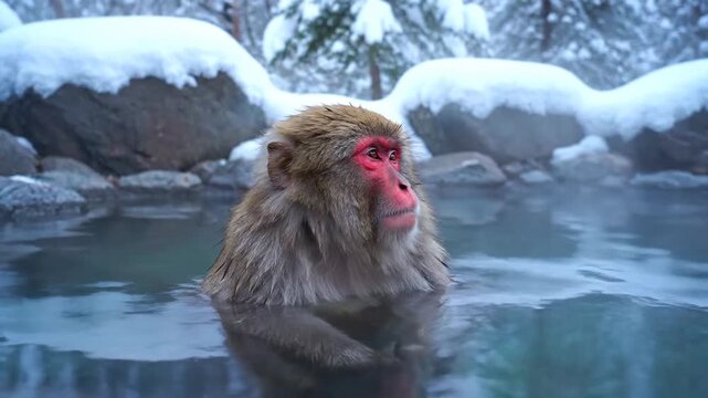 A snow monkey relaxes in a steamy hot spring bath