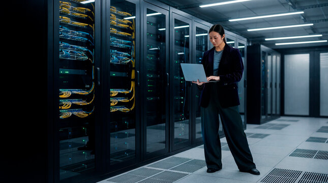 IT engineer inspecting server racks while working on laptop in enterprise data center