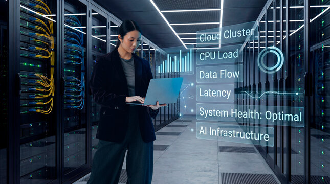 Cloud engineer monitoring AI infrastructure metrics in enterprise data center