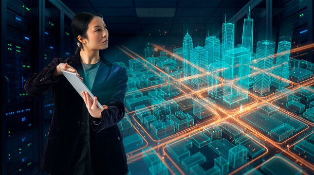 Data center architect reviewing holographic smart city network model with tablet