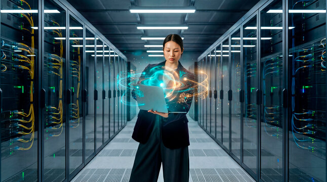 Cybersecurity analyst monitoring data servers with holographic network interface in data center