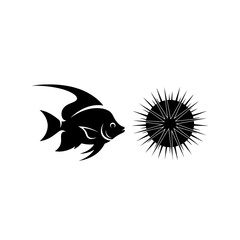 Fototapeta premium Striking Black Vector Logo Design Featuring a Stylized Tropical Fish Approaching a Prickly Sea Urchin Silhouette, Perfect for Ocean-Themed Branding and Marine Life Graphics