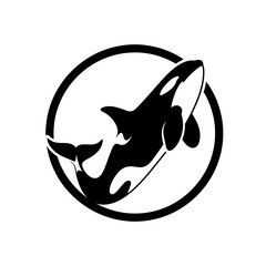 Dynamic black vector logo illustration featuring a majestic orca, also known as a killer whale, leaping gracefully within a clean circular frame, symbolizing power and marine life © Kurniawan