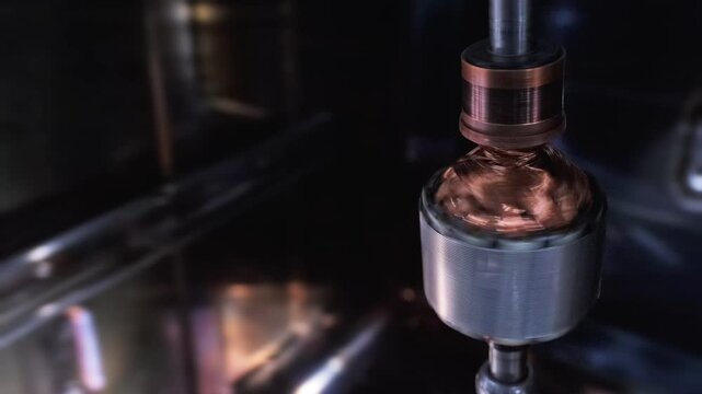 Electric motor rotor with visible copper windings and commutator rotating in an industrial interior. Close-up of an electromechanical component used in power generation