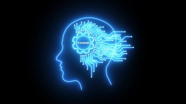 Glowing blue silhouette of a human head with a gear and circuit board inside representing artificial intelligence and technology