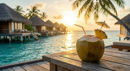 Ultra-photorealistic cinematic luxury travel photography of a tropical paradise. In the foreground, a fresh coconut cocktail on a stylish wooden table &mdash; natural coconut shell, straw,