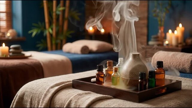 Essential oil diffuser with essential oil bottles and lit candles in a calming spa room, suitable for wellness, relaxation, self-care, aromatherapy, beauty, and spa concepts.