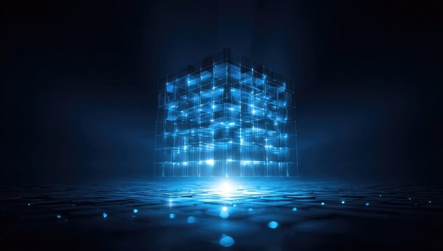 Abstract Glowing Blue Cube Structure in Dark Futuristic Environment.