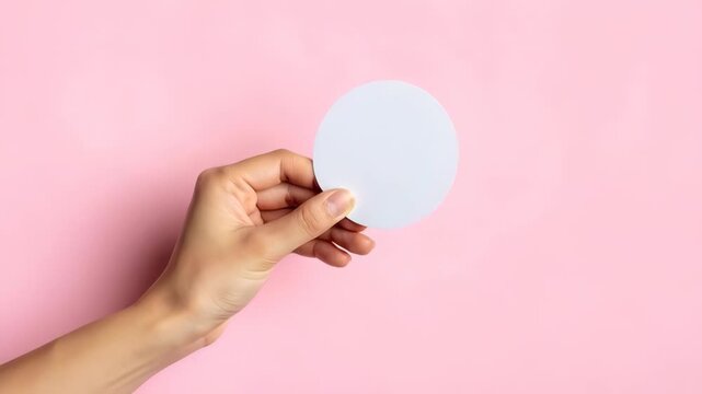 Person holding a blank oval shape against a solid pink background