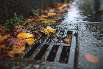 Obraz premium Autumn Rainwater Flows Over Street Drain Grate with Fallen Leaves.