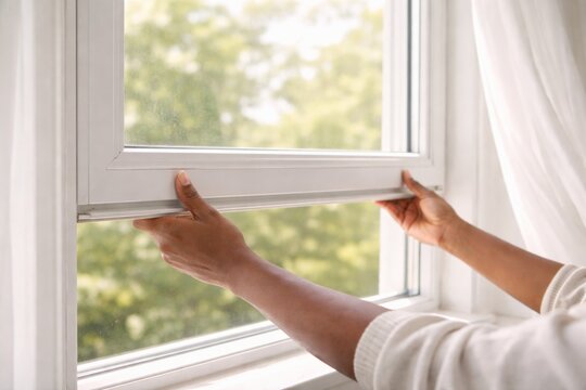 Open window for house ventilation with hands adjusting frame, background