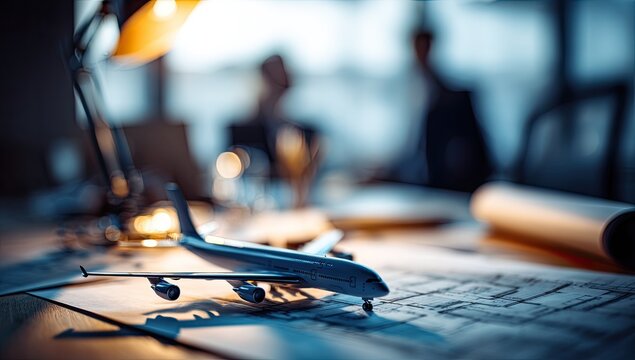 Model Airplane on Blueprint with Desk Lamp and Blurred Office Background.