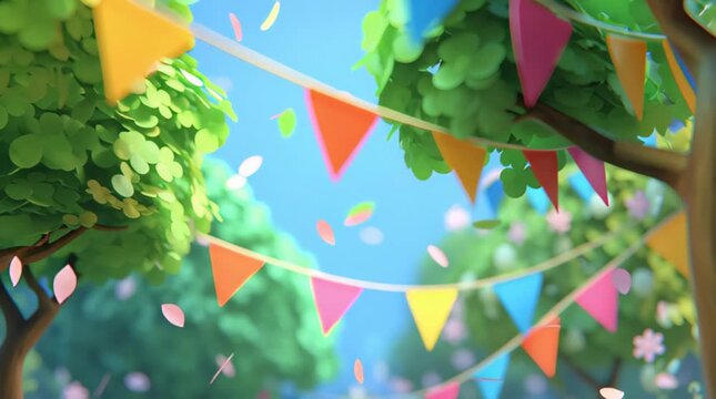 Colorful festival bunting hanging between trees in a sunny park
