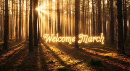 Obraz premium Welcome March spring forest sunlight golden rays nature greeting card warm glow