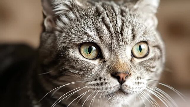 A tabby cat stares ahead with its watchful eyes