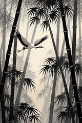 Fototapeta premium A graceful red-crowned crane soars through a dense, misty bamboo forest. Striking monochrome palette with deep black stalks against a pale, foggy background. Minimalist, ink-wash Asian art style