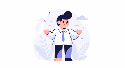 Obraz premium Cheerful cartoon man in white shirt, blue tie, and dark pants, arms outstretched