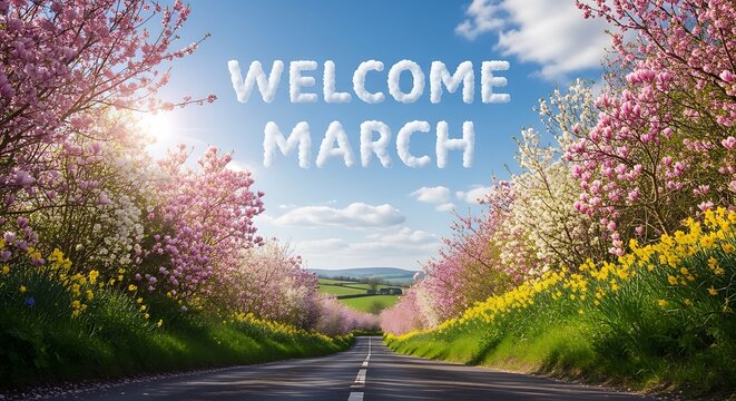 Welcome March spring road cherry blossoms sunny nature landscape greeting card background