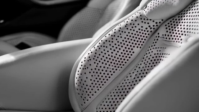 Close-up views of modern car seats showing their design, materials, and details in a luxury vehicle