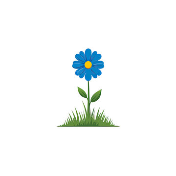 A cartoonish blue flower with a yellow center, growing out of green grass, set on black