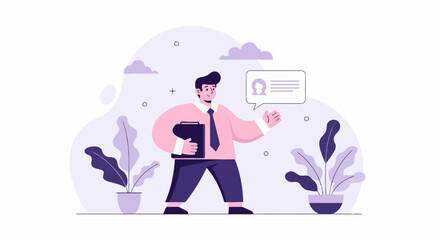 A smiling person in a pink shirt and dark tie holds a clipboard, with a speech bubble above