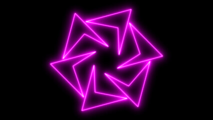 Obraz premium Vibrant pink neon glowing geometric abstract symbol with sharp angles creating a modern, futuristic star or propeller design, perfect for technology concepts, isolated on black background.