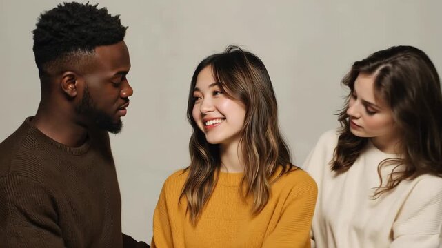 Diverse group portrait featuring three young adults with different backgrounds, smiling and posing together against a neutral background