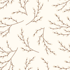 Fototapeta premium Vector seamless pattern with spring willow branches with fluffy buds on light background in flat style. Hand drawn floral nature illustration of tree branch.