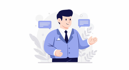 A smiling businessman in a suit, with speech bubbles, gesturing with his hands