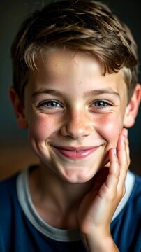 Joyful young boy with blue eyes and dimples smiling softly, hand touching cheek