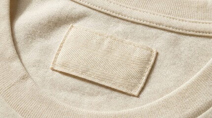 Blank textile clothing label on neck of beige cotton t-shirt mockup