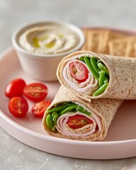 Spring themed school lunch featuring whole grain wraps filled with turkey, lettuce, and tomatoes served with hummus and cherry tomatoes on a soft blue plate