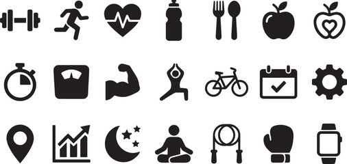 Collection of icons representing health, fitness, and wellness concepts. © harry