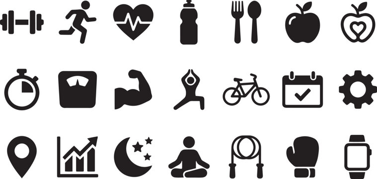 Collection of icons representing health, fitness, and wellness concepts.
