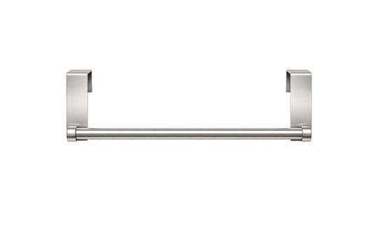 Over-cabinet towel bar with U-hook ends, straight cylindrical rod and crisp square brackets, straight-on front view, isolated on transparent background