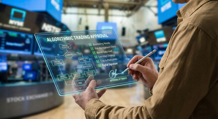 Fototapeta premium Trader Signing Algorithmic Trading Approval on Futuristic Transparent Tablet at Stock Exchange