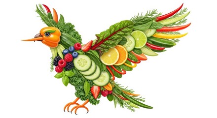 Naklejka premium Creative bird made of fresh vegetables and fruits