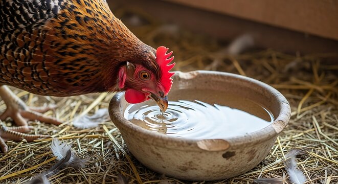 Chicken Drinking Water from Clay Bowl.