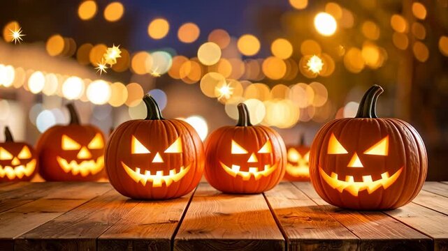 Spooky carved pumpkins illuminated with warm light on a rustic wooden table against a bokeh background