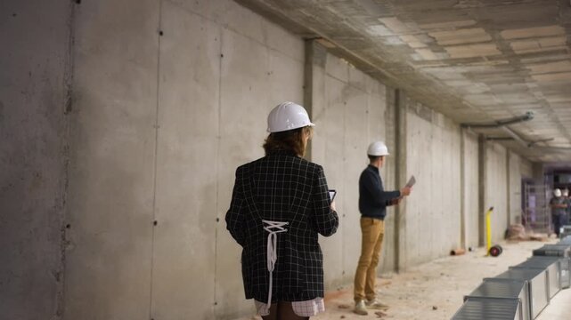 Workplace safety inspection on construction site. Engineers in protective helmets assessing structural progress and ensuring compliance with industrial safety regulations.