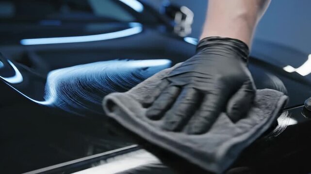 hand in black glove wiping car hood with grey microfiber cloth. auto detailing, vehicle maintenance, cleaning service. polishing shiny surface, ceramic coating application. automotive care.