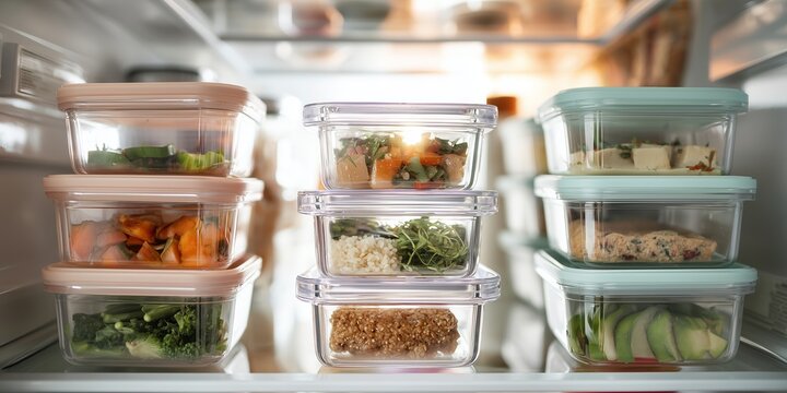 Food stored in glass containers inside a refrigerator with various items visible