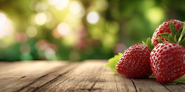 Fresh Strawberries on a Rustic Wooden Table with a Soft Bokeh Background.
