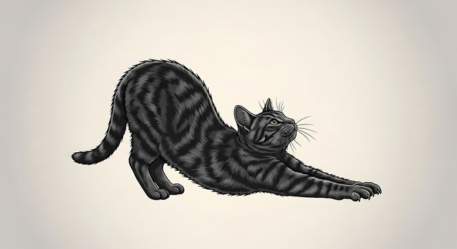 Black Cat Stretching on White Background.