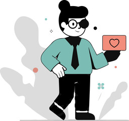 Fototapeta premium A cartoon figure in teal shirt, black tie, and pants holds a card with a heart